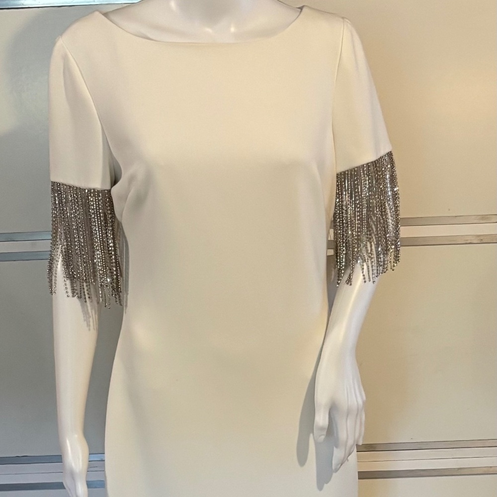 Badgley Mischka  Cocktail Dress with Crystal Fringe Sleeves Ivory Sz 8